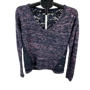 Abercrombie & Fitch Lace Back‎ Sweater Medium Marled Pink Navy V Neck